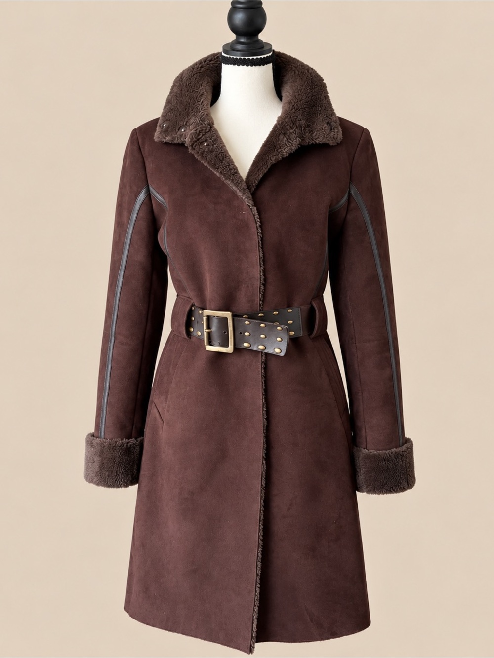 Y2K Via Spiga Faux Suede 3/4 Length Belted Coat S